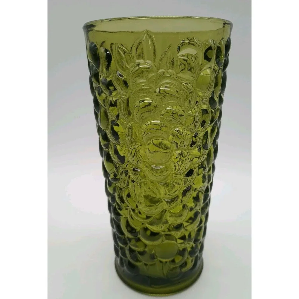 Vintage MCM Avocado Green Bubble Glass Vase  Grapes 7.5”